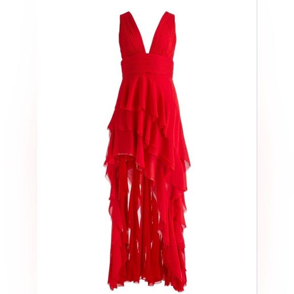 NWOT ALICE + OLIVIA Holly Low Neck Asymmetric Maxi Ruffle Dress Red Sz 6 - Picture 6 of 8